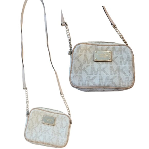 Michael Kors Handbags - Michael Kors Jet Set Travel Signature Logo Canvas Small Crossbody Vanilla/Acorn